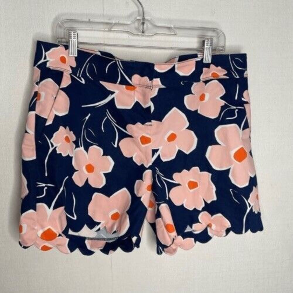 Isaac Mizrahi Scalloped Hem Chino Shorts Women Size 12 Navy/Orange Floral Cotton